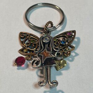 VTG Whimsical Angel Multi-Crystal Beaded Gol/Silver-Tones Key Chain Charm 2"x3"
